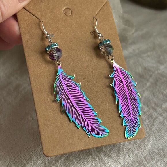 Iridescent Rainbow Feather Dangle Rhinestone Earrings .925 Sterling Silver - Picture 5 of 6